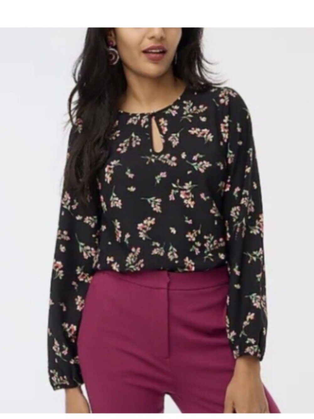 J. Crew Black Floral Keyhole Long-Sleeve Blouse top size XS